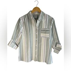 Blair Cotton Linen Blend Striped Button Down Shirt Green‎ White Size M
